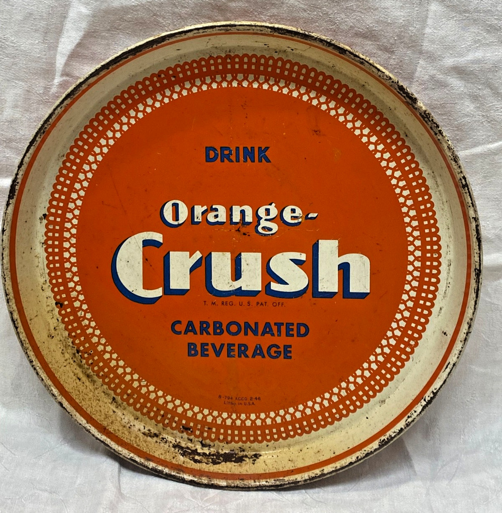 Vintage Orange Crush Metal Advertising Serving Tray Sign Soda Pop Crushy 1948